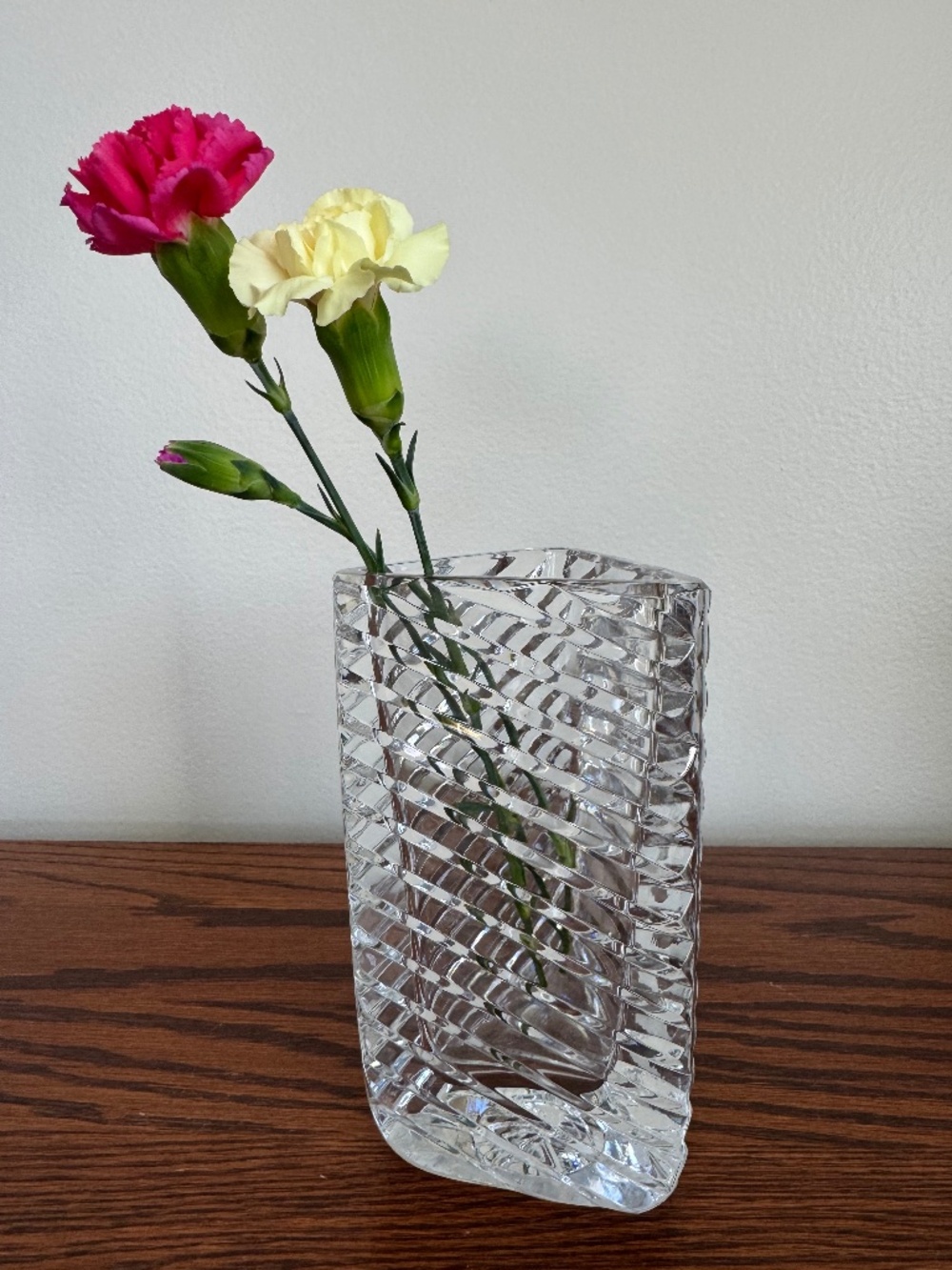 Rogaska Crystal Glass Ribbed Triangle Shaped Vase Heavy Clear Art Deco 6"